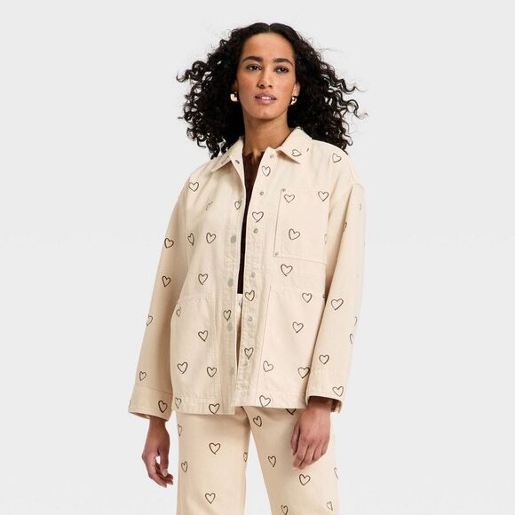 Universal Thread Jackets & Blazers - Universal Thread - Women's Heart Embroidered Chore Denim Jacket - Uni Cream